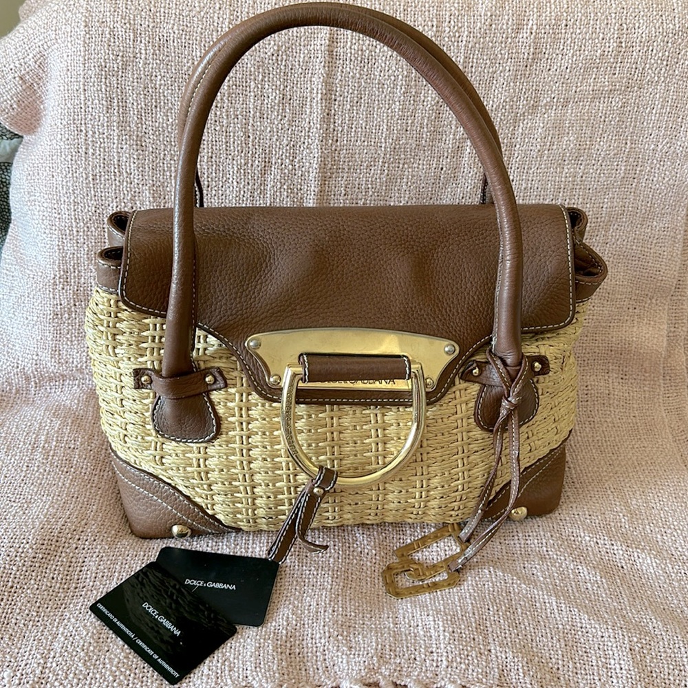 DOLCE & GABBANA D Ring Leather and Raffia Bag